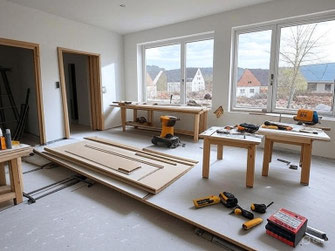 Frisch eingebaute Fenster im hellen Neubau, Werkbänke und Zuschnittstation für den Innenausbau.